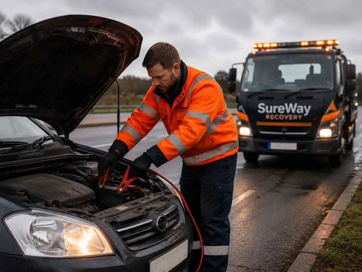 Electric car loaded on a flatbed recovery vehicle at the roadside