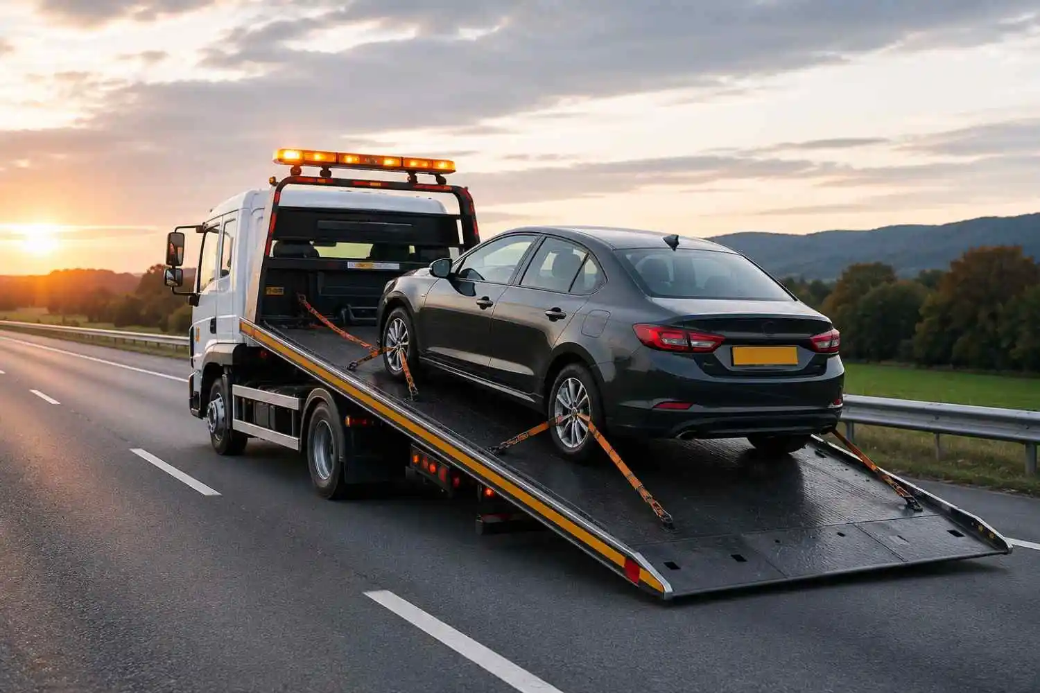 Mercedes-Benz loaded on a flatbed recovery vehicle at the roadside